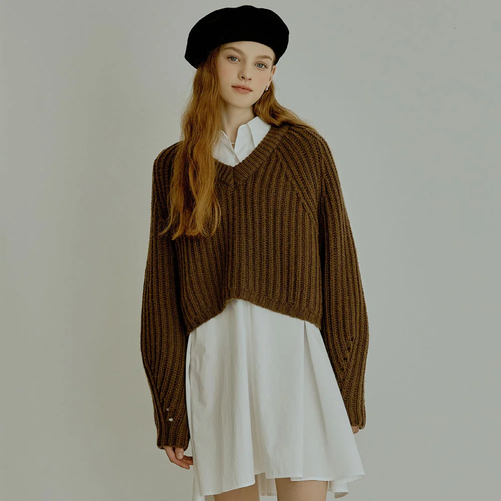 Woven v-neck knit (brown)
