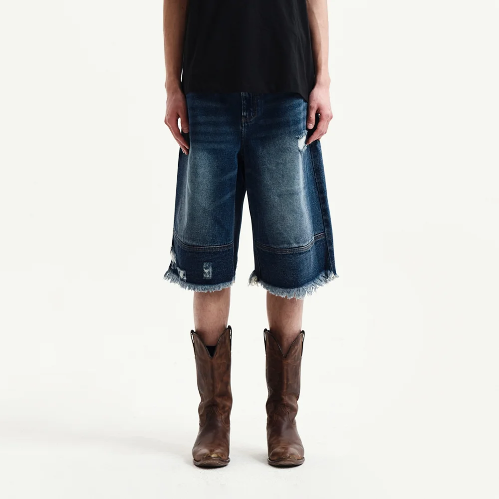 DESTROYED BERMUDA DENIM PANTS FOR MEN IN NAVY