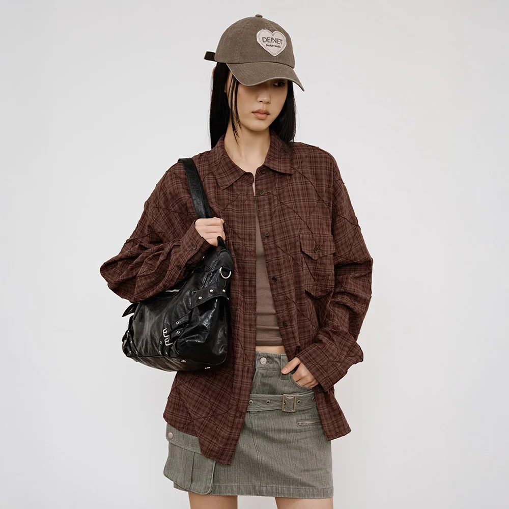 DOUBLE CHECKERED OVERFIT SHIRT IN BROWN