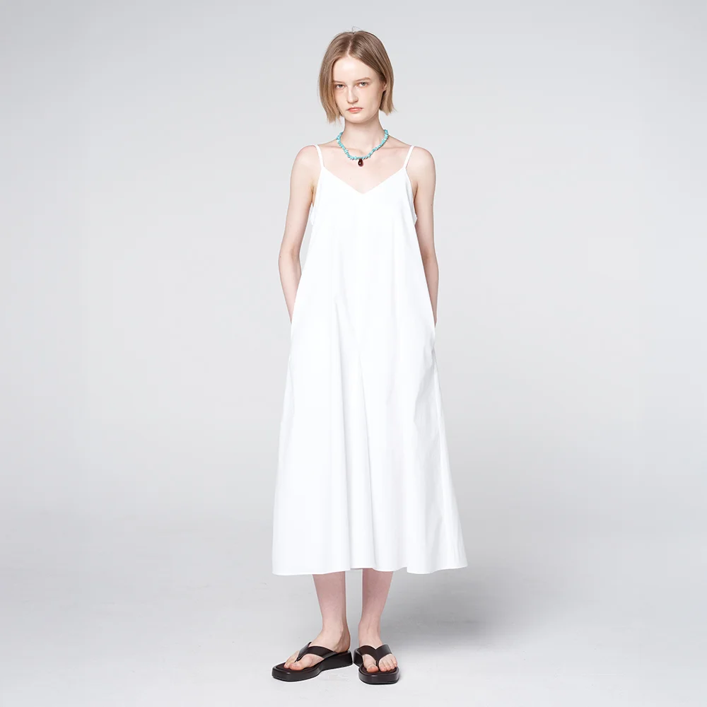 Cotton V-Neck Pocket Slip Dress White