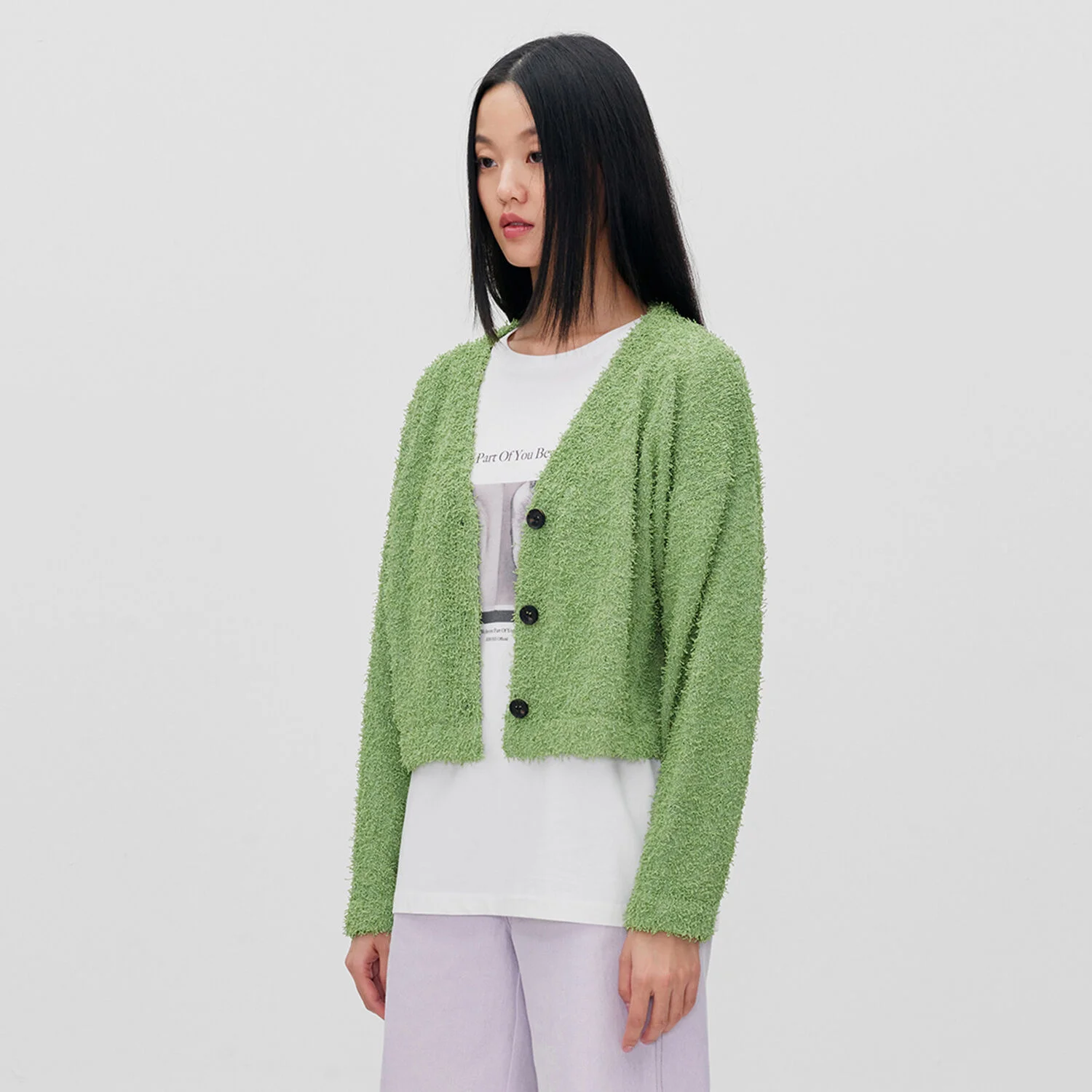 BUTTON DOWN FUZZY KNIT CARDIGAN HERB