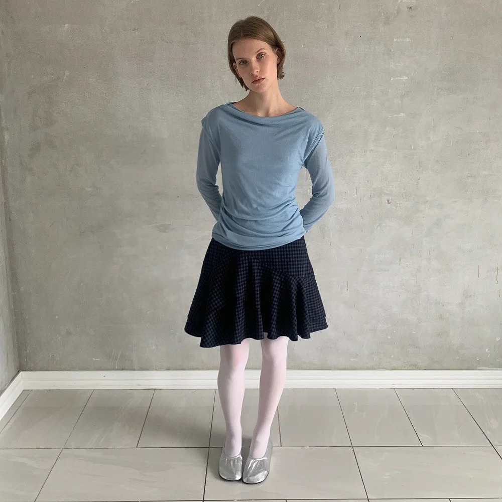 Tiered Ruffle Check Skirt (Blue navy)