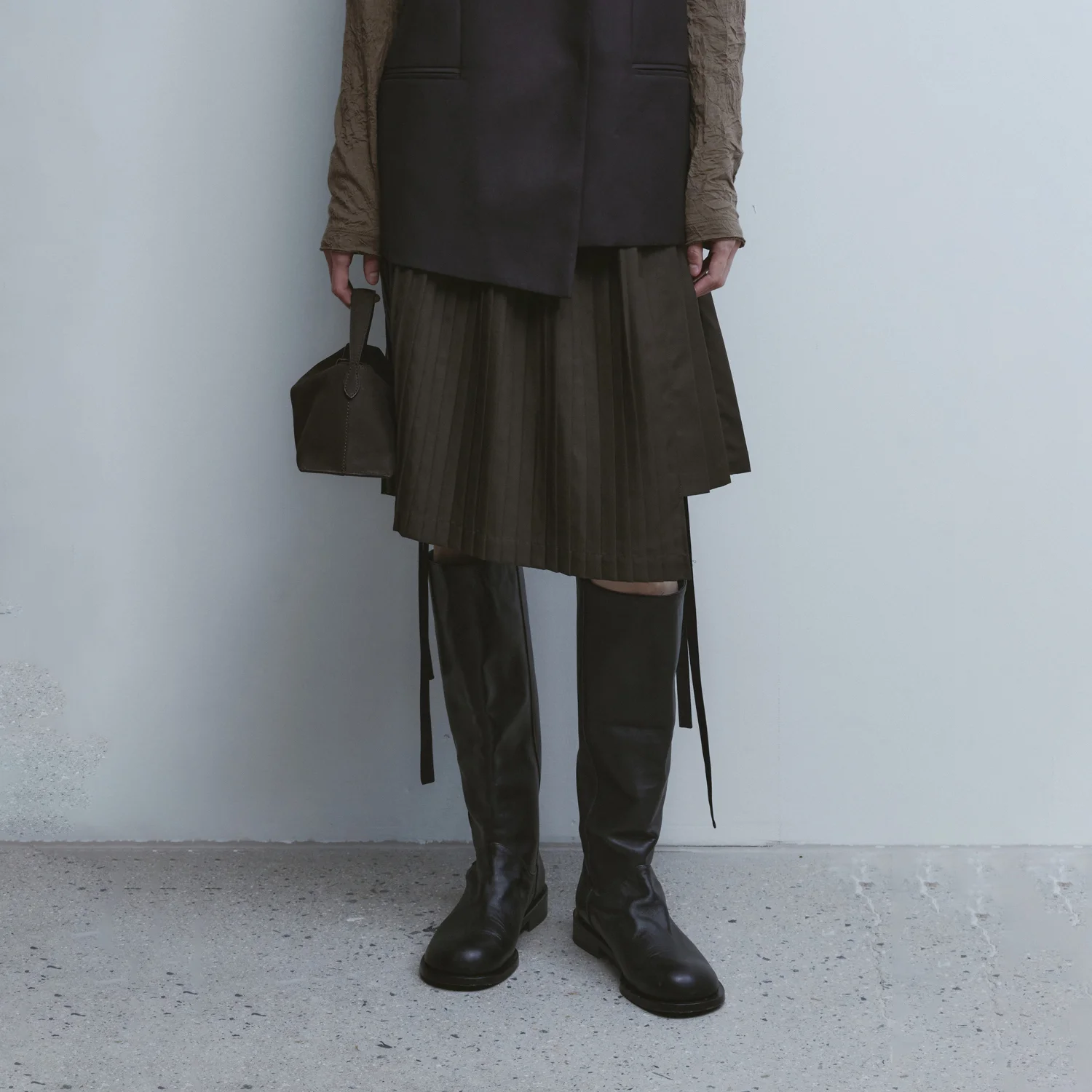 Asymmetric Pleated Midi Skirt - Brown