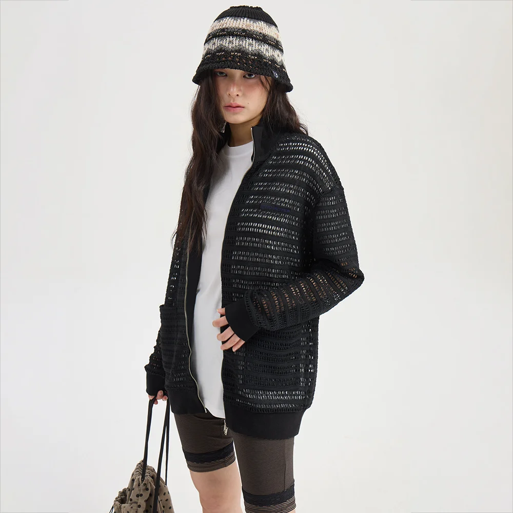 Chouetties by LUCKY CHOUETTE Loose Fit Crochet Zip-Up Jumper (black) LAUAX26400BKX