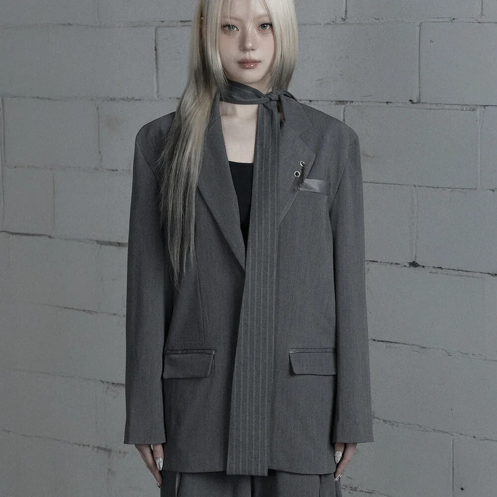 Panel Line Button Front Blazer (Gray)