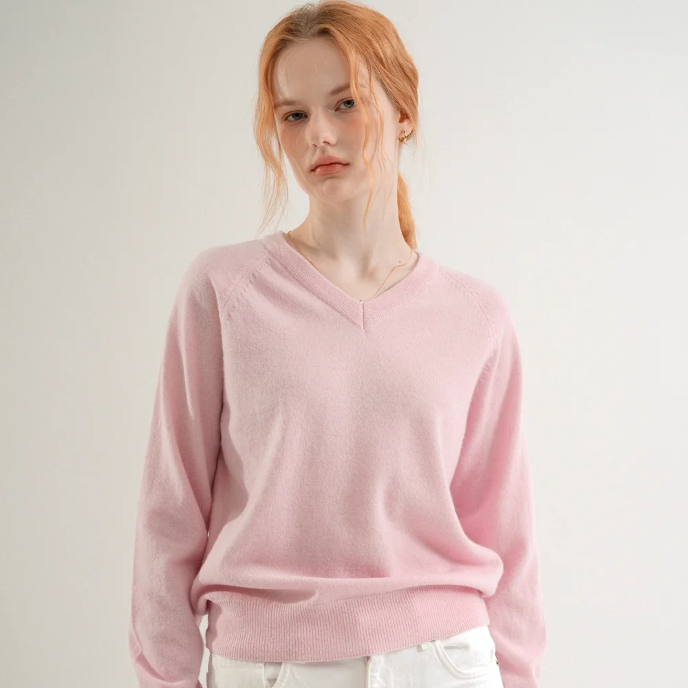 Merino Wool 100% V-neck Raglan Knit (Pink)