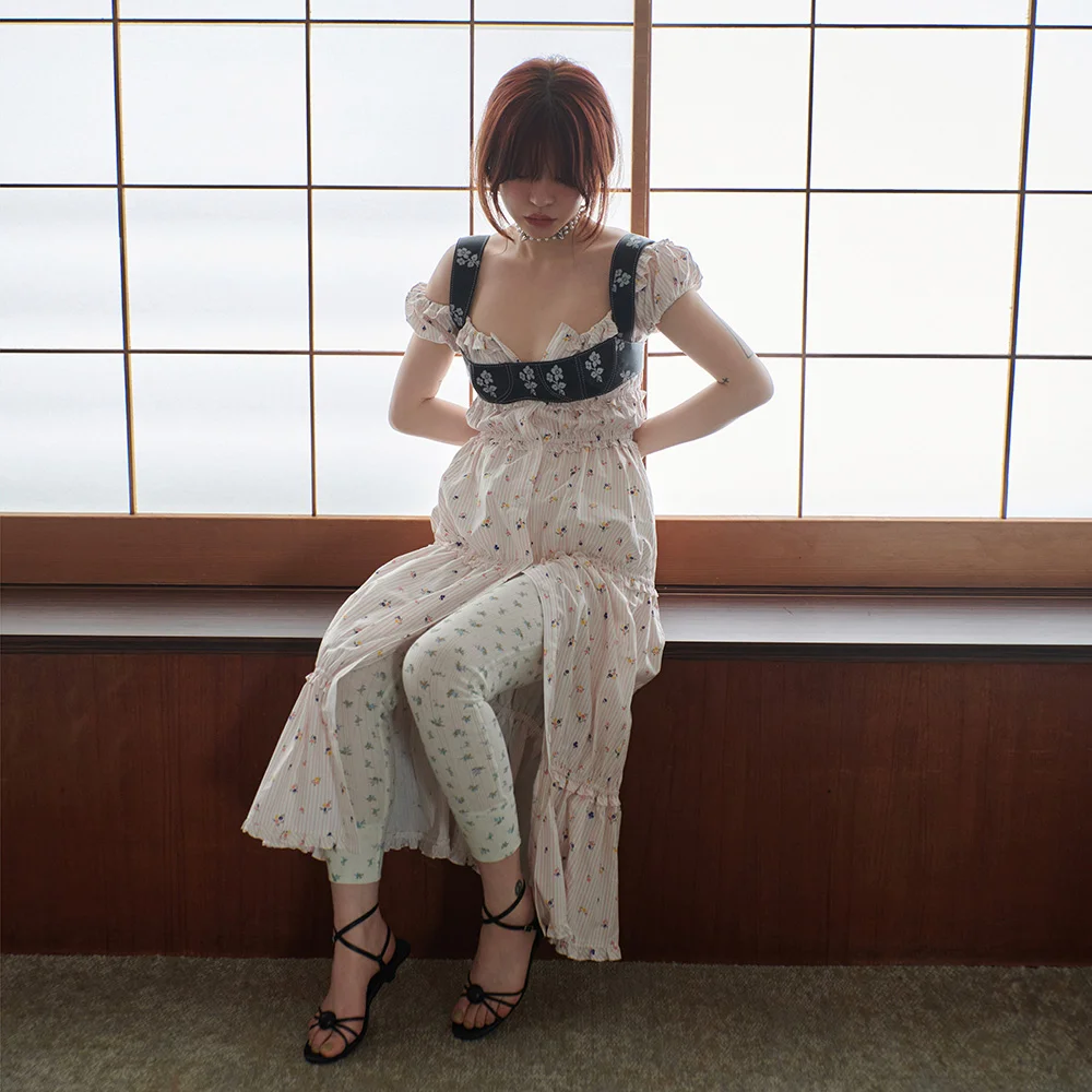 2次 ruffle long open dress in flower