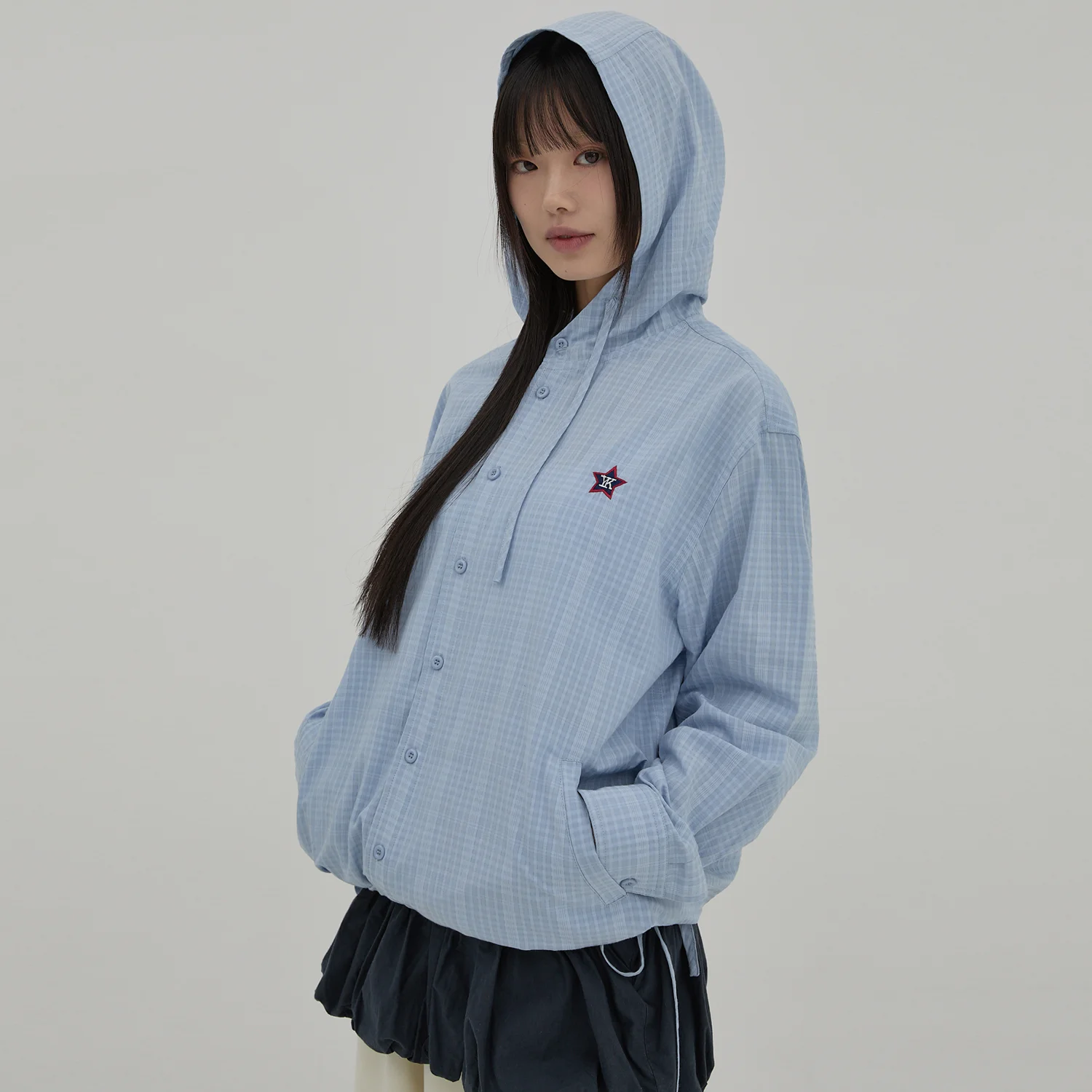YK 格紋 連帽衫 襯衫 天藍色