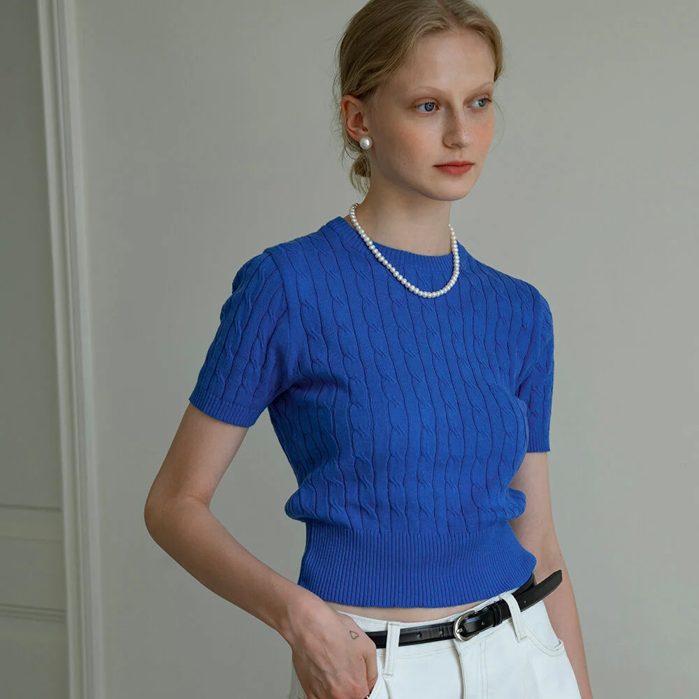 SIKN2029 cotton crop cable knit_Marine blue