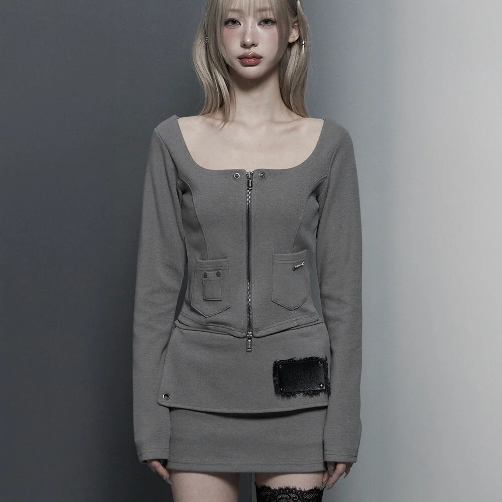 Square Button Point Slim-Fit Long Sleeve Top (Moca)