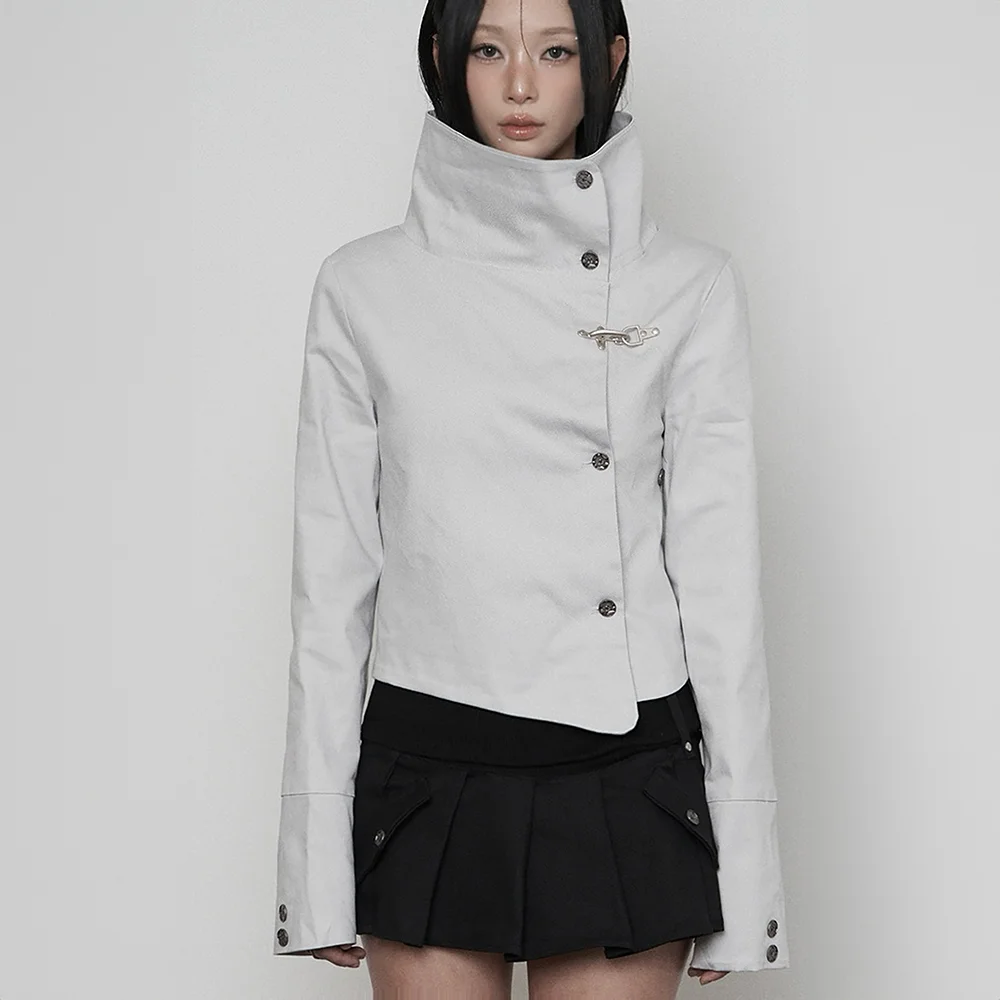 Wide High-neck Side Button Jacket (LIGHT GRAY)