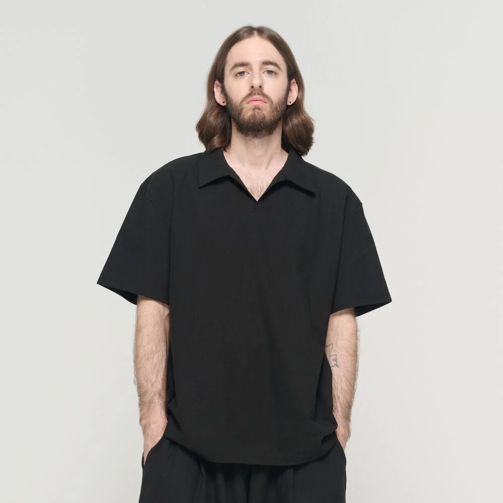 LINEN LIKE OPEN COLLAR SHORT SLEEVE SHIRT (BLACK)