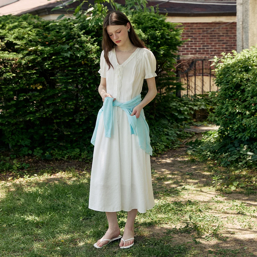 Frill line v neck pintuck long dress - white