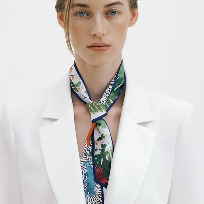 Wild Garden-Navy Long Twilly Silk Scarf