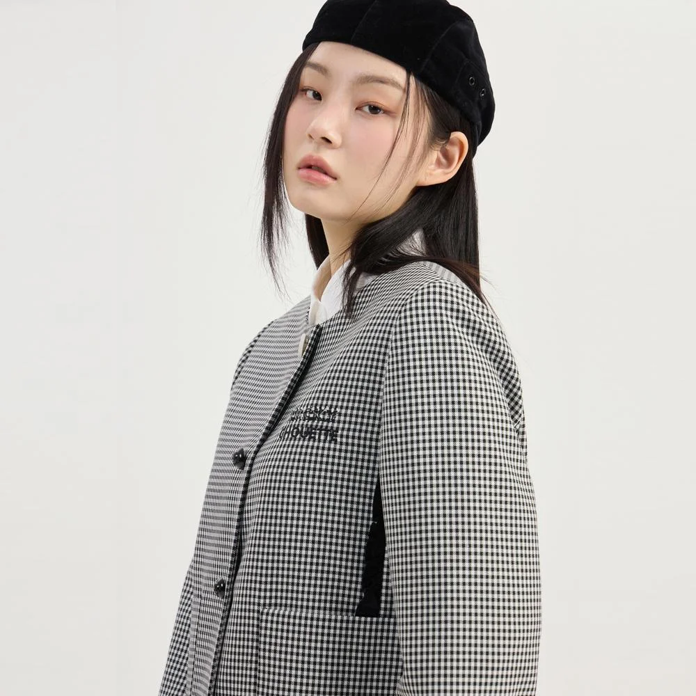 Gingham Check Round Neck Jacket (black) LFJAM26310BKX