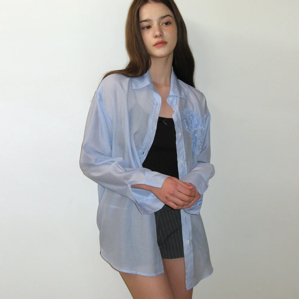 FLOWER STRIPED SHEER SHIRT_BLUE