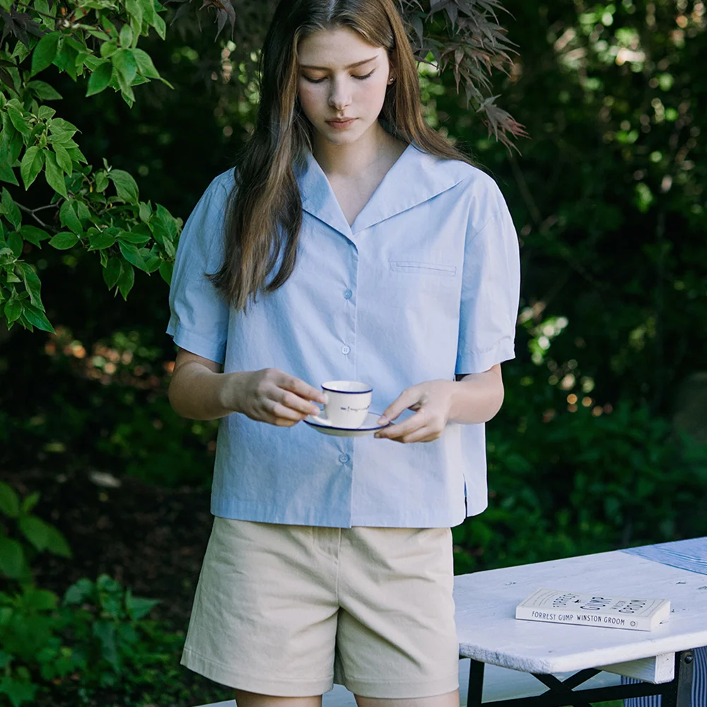 Marine Collar Half-sleeves Shirt - Light Blue