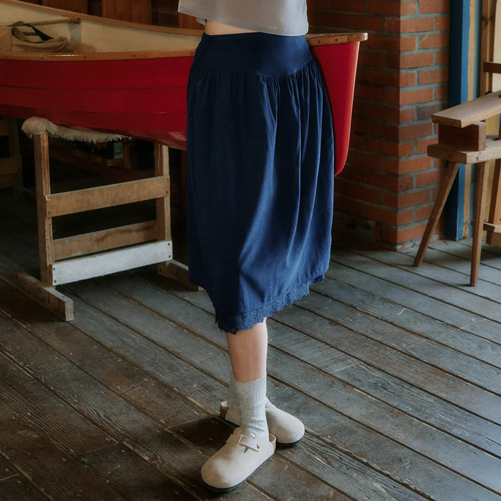 P3331 抽褶 蕾絲 半身裙_Navy