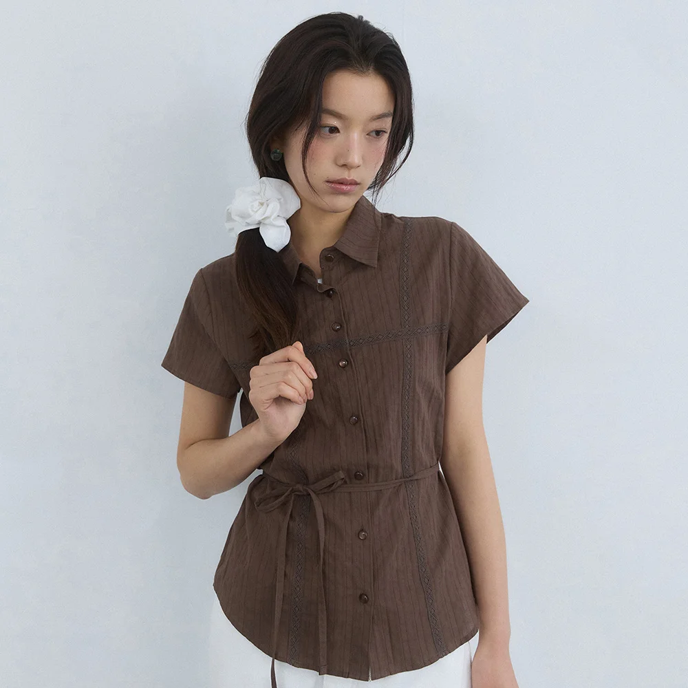 Cross lace see through belted blouse - brown