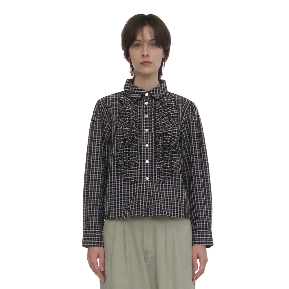 COUNTRY RUFFLE-PINTUCK SHIRT_NAVY CHECK