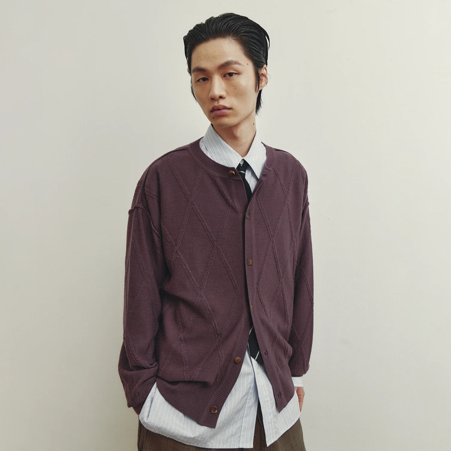 Round Neck Reversible Cardigan - Purple