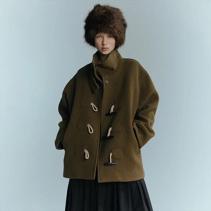 HIGH NECK WOOL DUFFLE COAT - BROWN