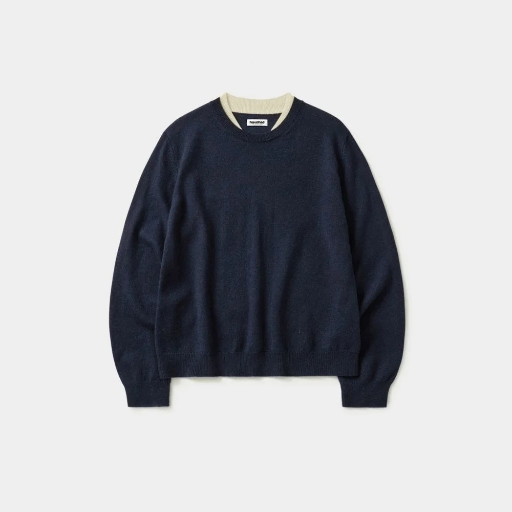 Layered Wool Crew Knit (Navy-Ivory)