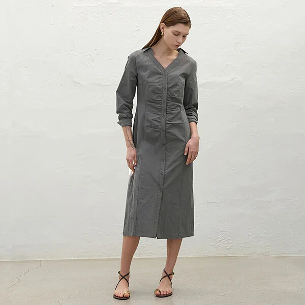 SILVIA OPEN COLLAR SHIRRING DRESS(OP-6132)