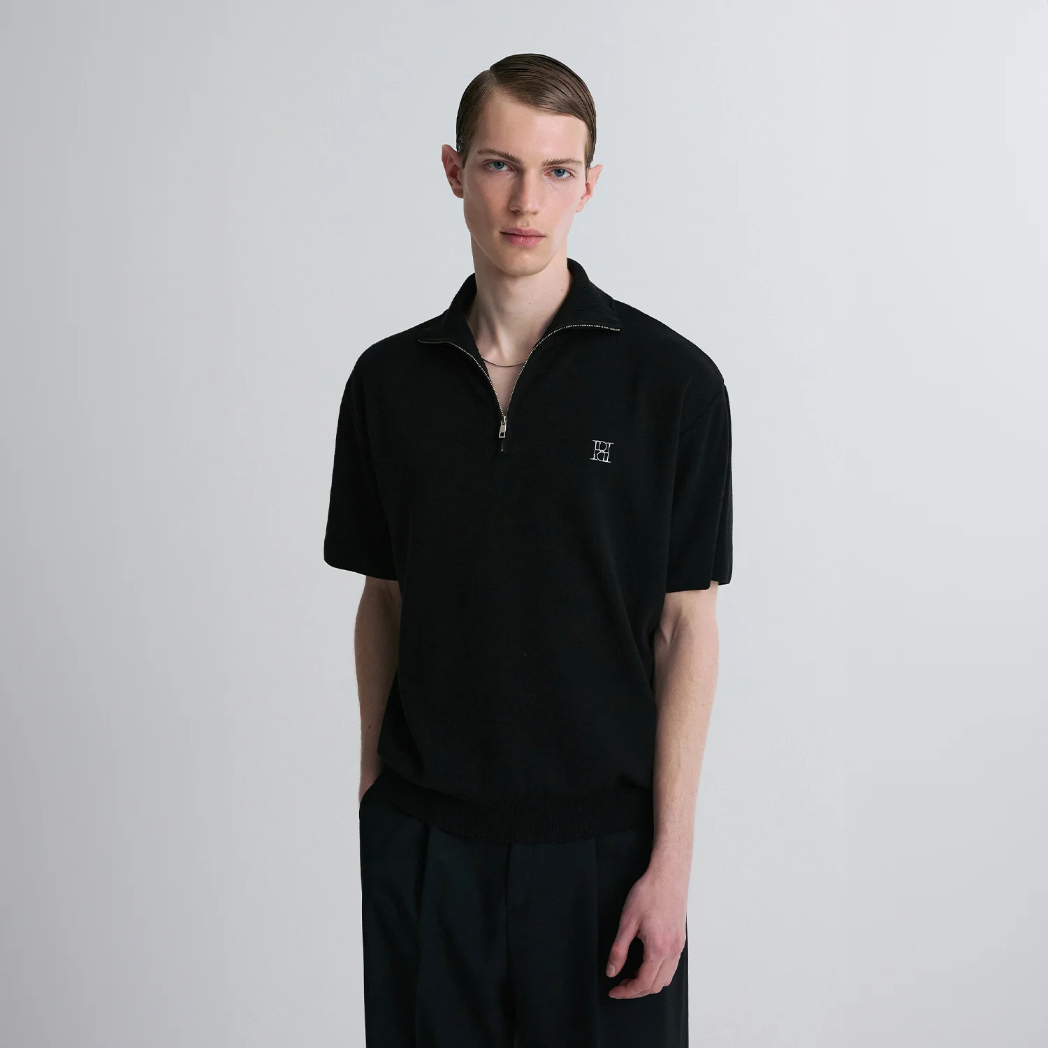QUARTER-ZIP KNIT POLO SHIRT BLACK