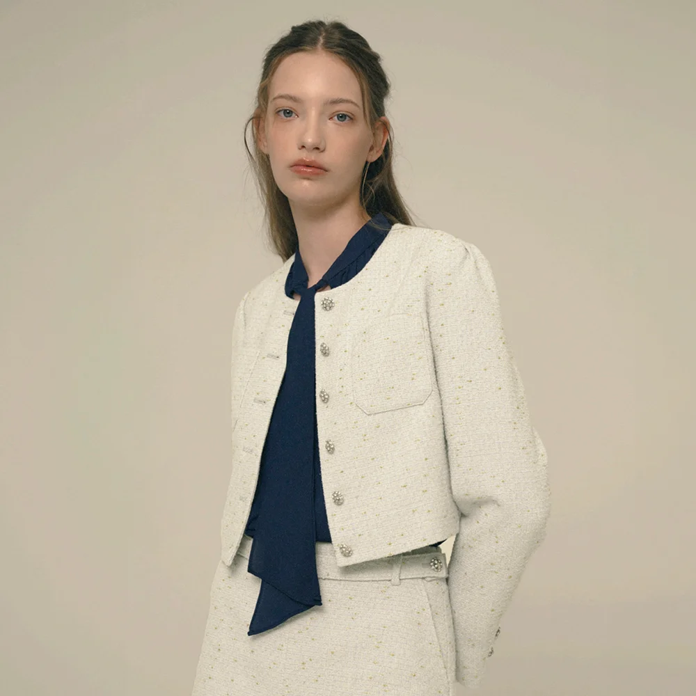 Crystal-Buttons Cropped Tweed Jacket_Vanilla Custard