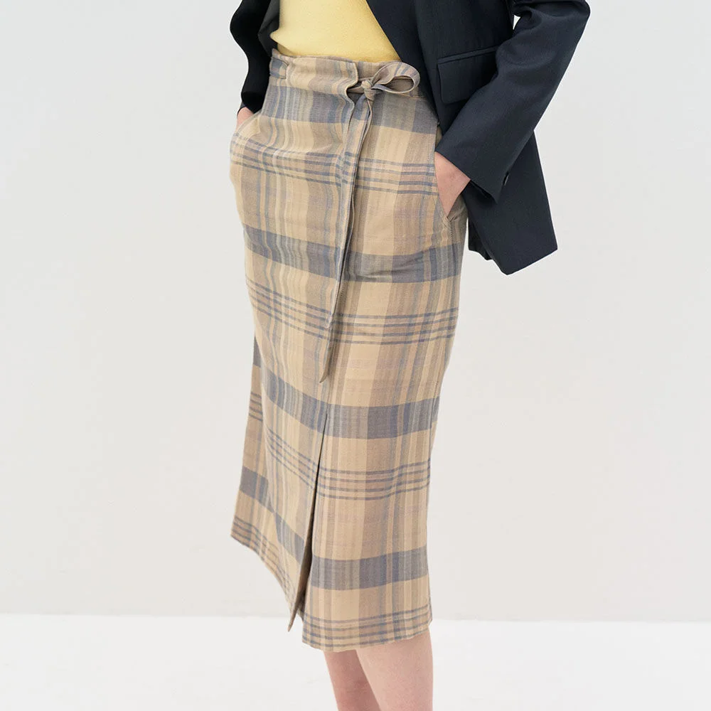 5P Wool Blend Check Banding Belt Skirt - Oatmeal