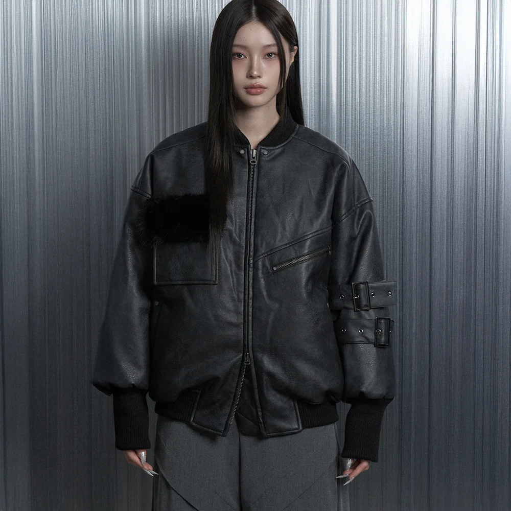Leather Classic Side Belt Bomber Jacket (Black)