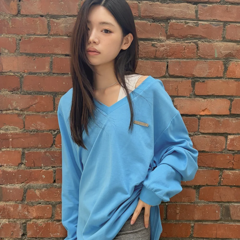 V-Neck Oversized One Shoulder 2 in 1 Blue&White