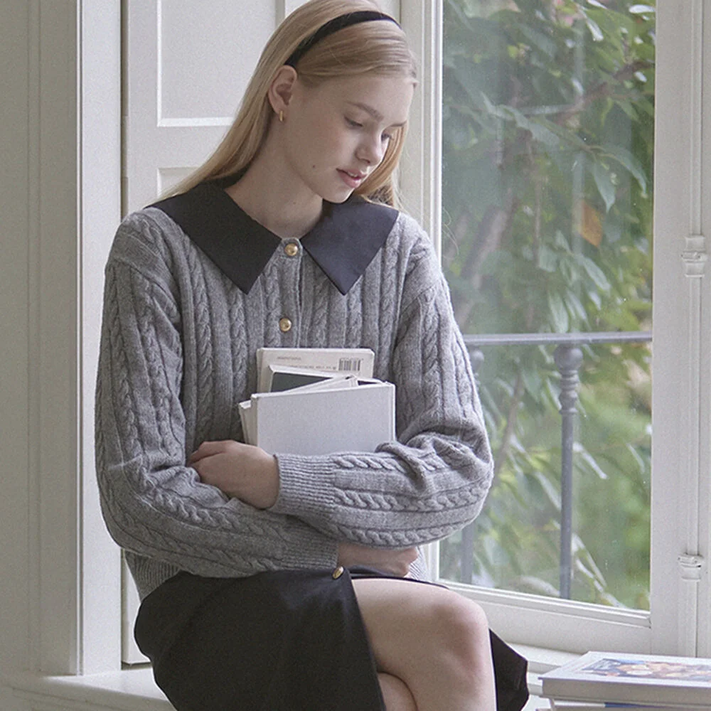 Wool Cable Knit Cardigan - Melange Grey