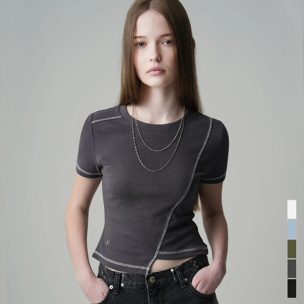 Ssance Unbalanced Line Stitch T-Shirt - 5COL