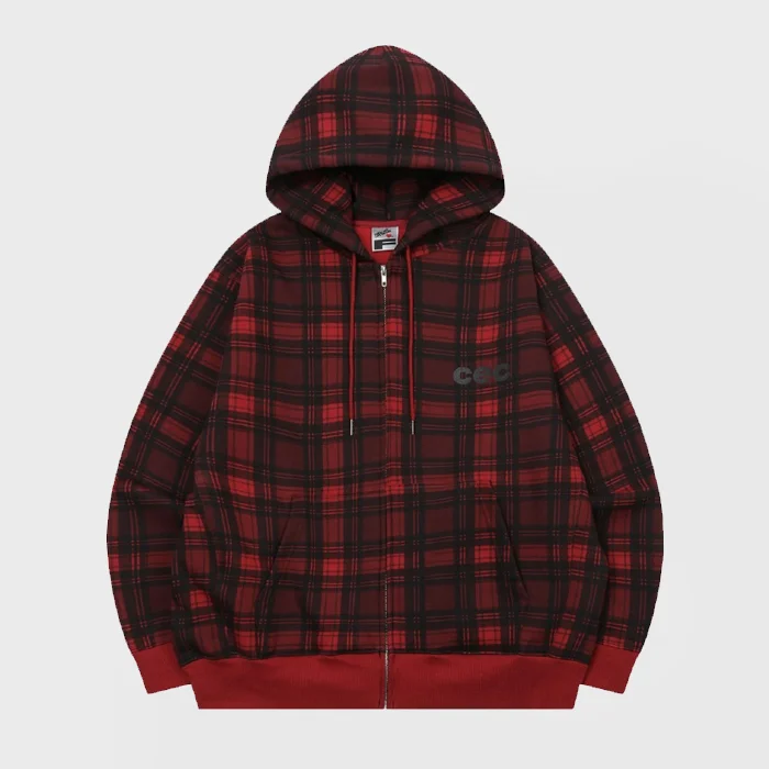 CEC CHECK ZIP-UP HOODIE(RED)