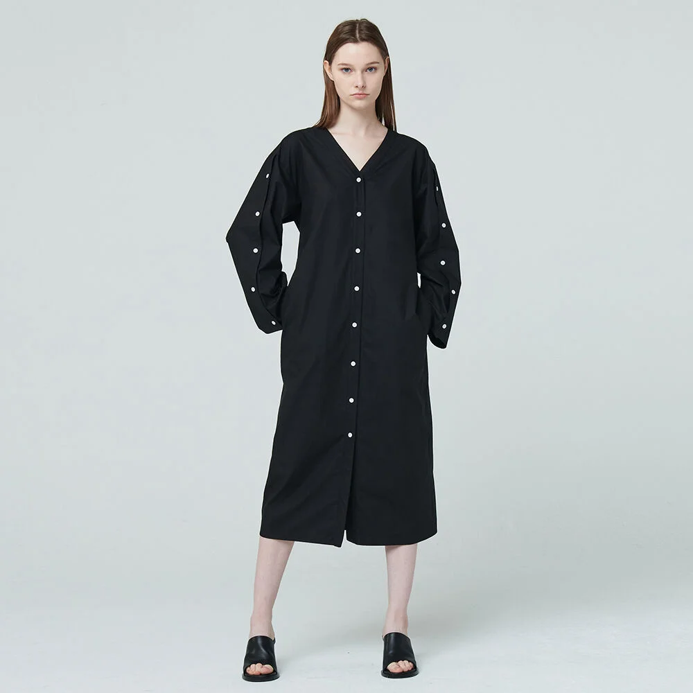 V Neck Shirt Long Dress - Black