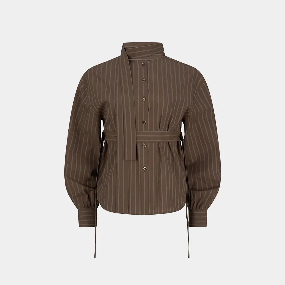 (W) STRIPED SCARF BLOUSE - BROWN