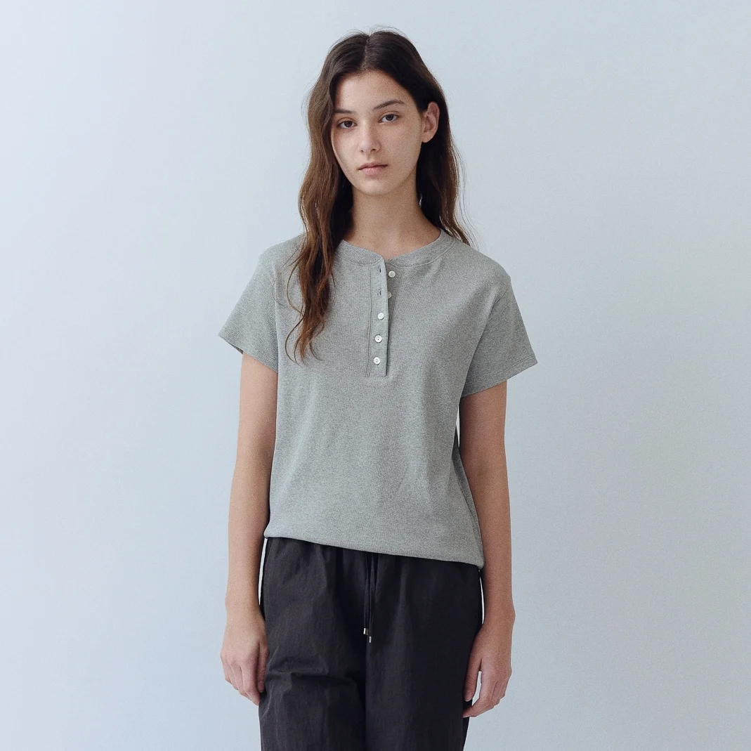 Henley Neck Button Tee(Melange Gray)