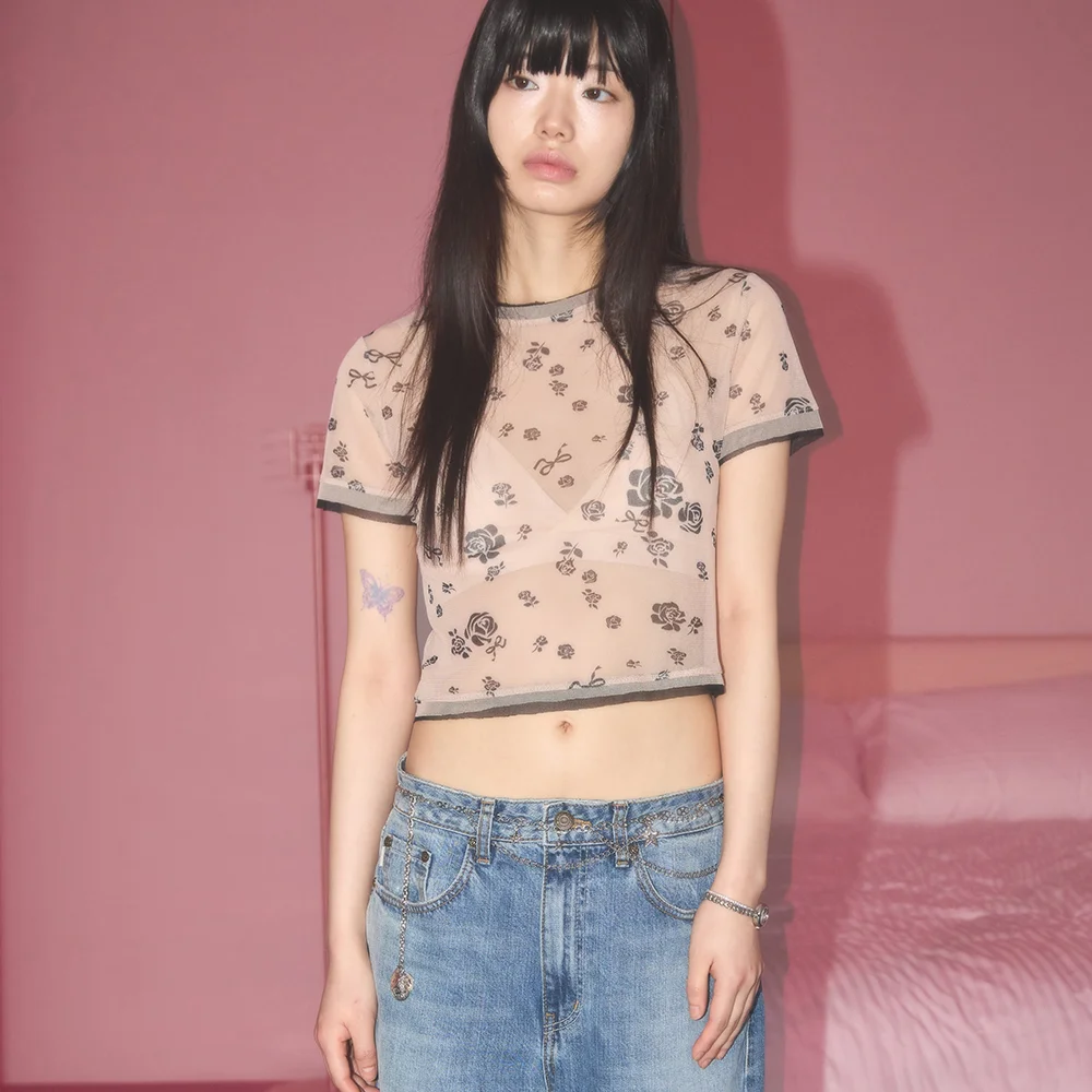 RIBBON ROSE POINT RIB MESH T-SHIRT BEIGE