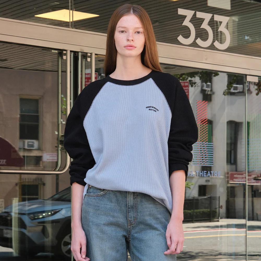 Pecan Waffle Raglan Long Top - Light Blue(Black)