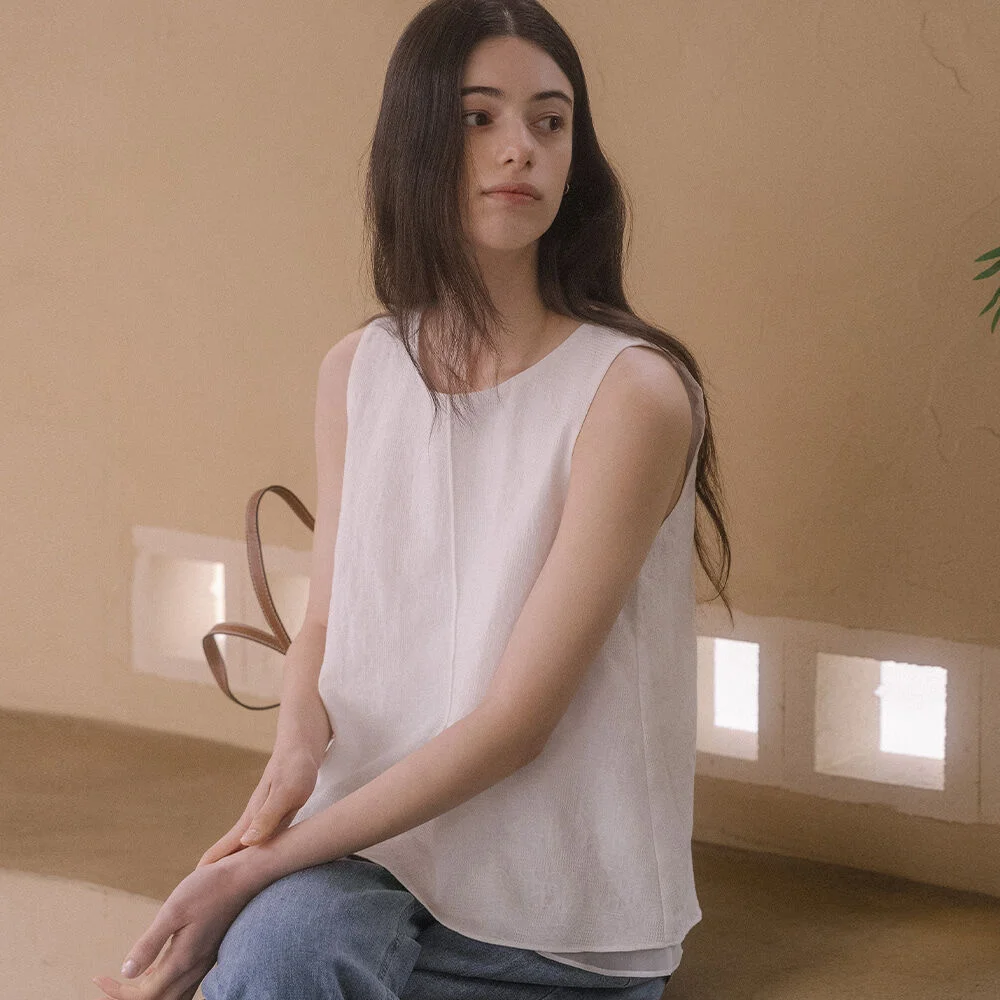 Round ribbon point sleeveless top TISU03BL14_White