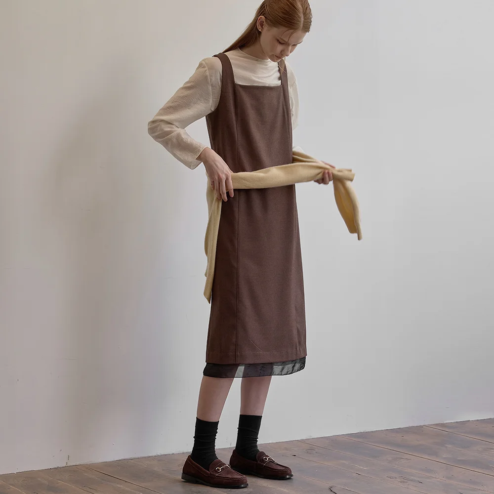 Hem line sheer patch dress - Brown
