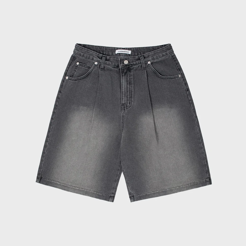ONE TUCK BERMUDA DENIM PANTS - BLACK
