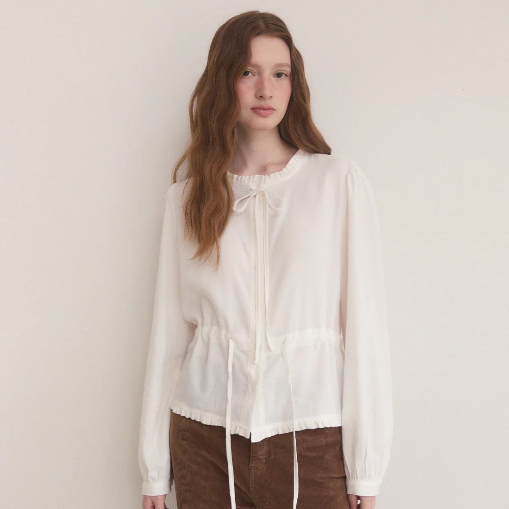 Frill warm texture ribbon blouse - white