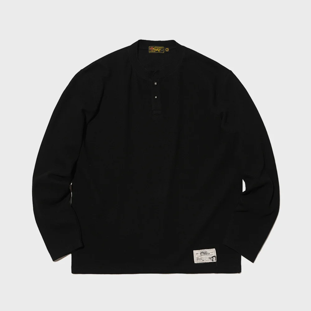 Waffle Henley Neck Long Sleeve Black