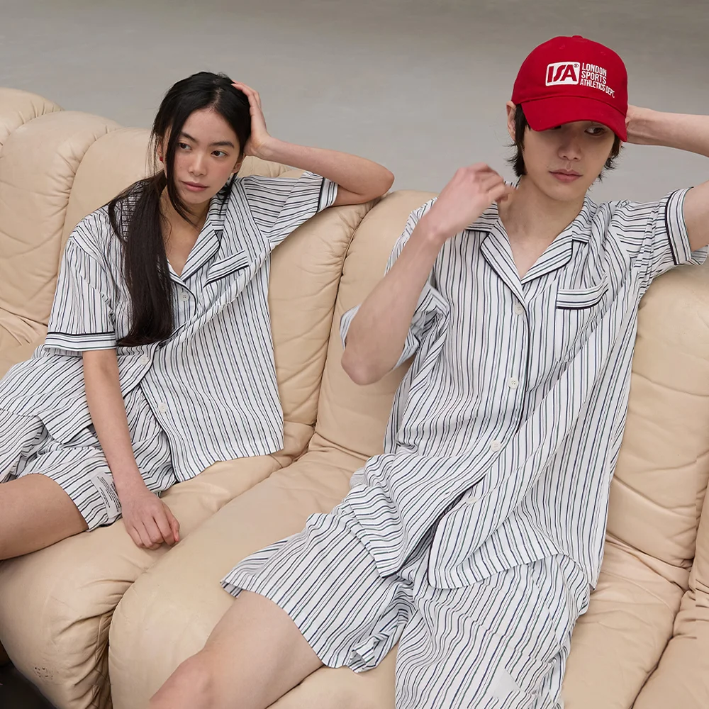(Uni) Stripe Short Pajama Set Navy green ST