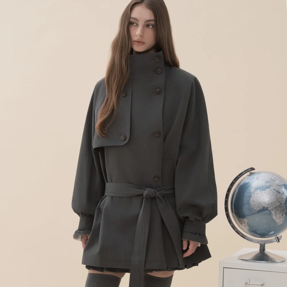 Jenn High-Neck Double-Button Trenchcoat - Charcoal