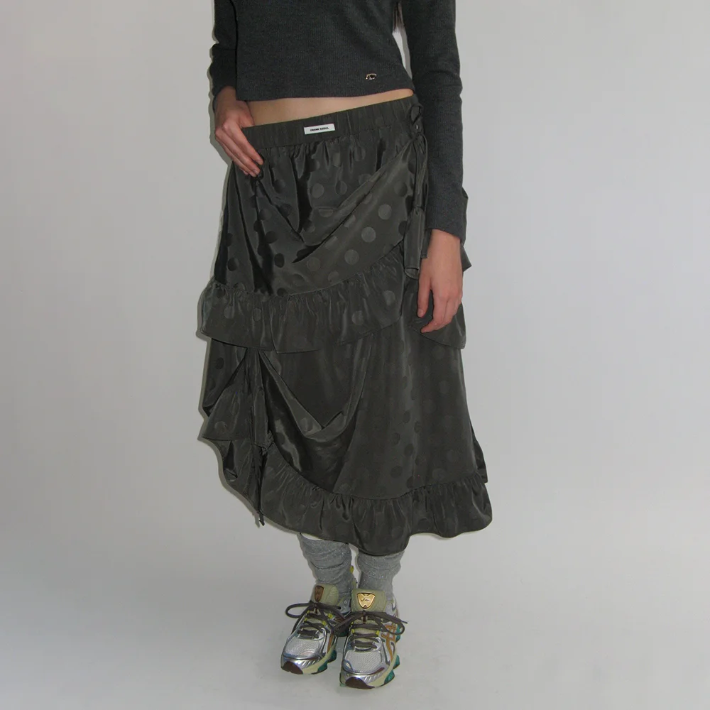 DOT FRILL LONG SKIRT_KHAKI