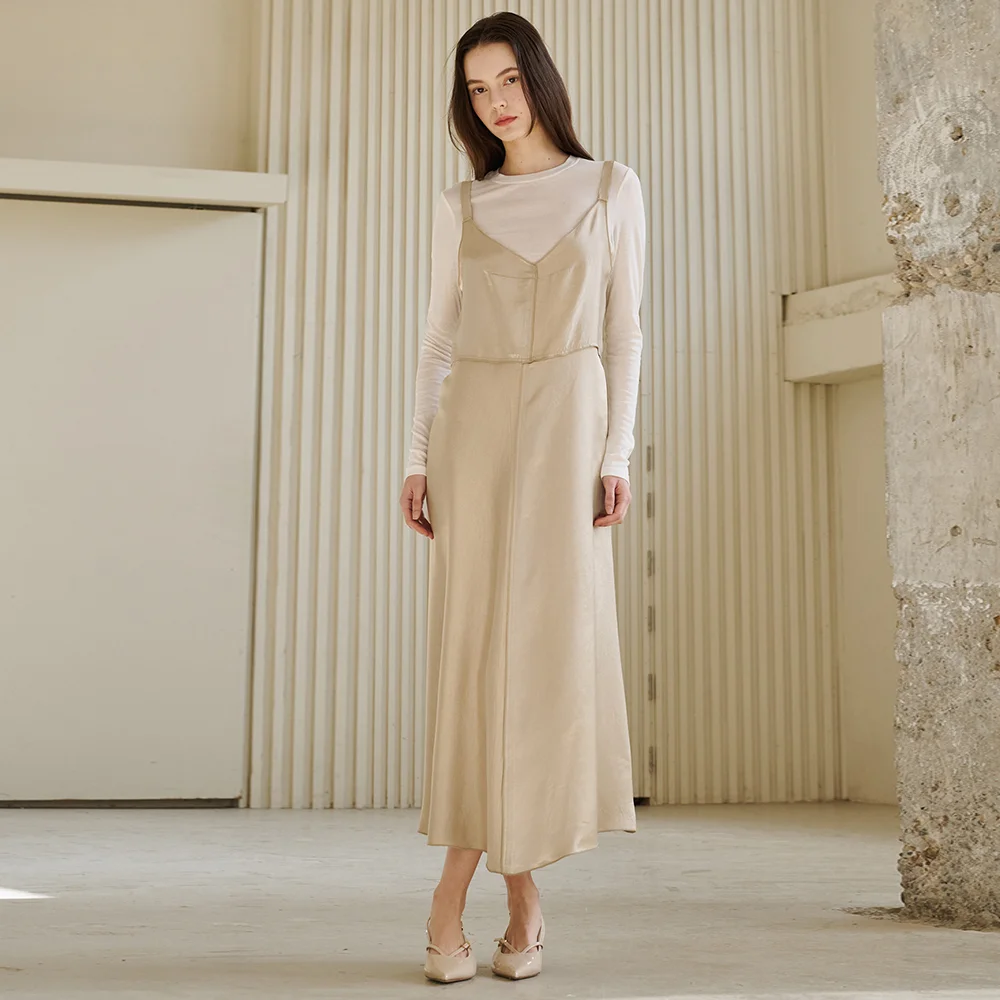 無袖 緞面 連身裙 - 淺 卡其色 / Sleeveless Satin Dress - Light Khaki